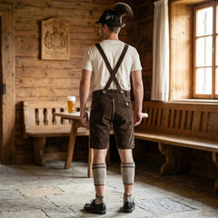 Dark Brown 2 Traditional Bavarian Cowhide Suede Lederhosen Shorts for Oktoberfest, Christmas & Carnivals