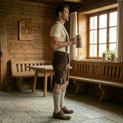 Dark Brown 2 Traditional Bavarian Cowhide Suede Lederhosen Shorts for Oktoberfest, Christmas & Carnivals