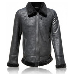Men’s Authentic B2 Aviator Real Sheepskin Shearling Fur Jacket (Black Croc)