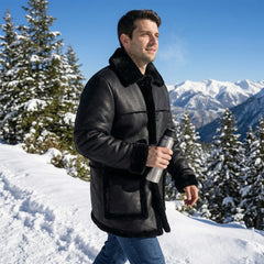 Men’s Authentic Sheepskin Shearling Real Fur Winter Long Coat – Black Leather Shearling Jacket (Marlboro-B)