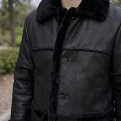 Men’s Authentic Sheepskin Shearling Real Fur Winter Long Coat – Black Leather Shearling Jacket (Marlboro-B)