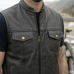 Men’s Black Leather Motorcycle Concealed Carry Vest (Trucker)