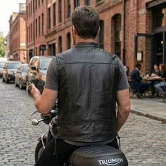 Men’s Black Leather Motorcycle Concealed Carry Vest (Braided)