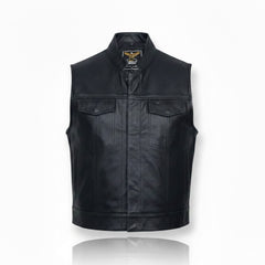 Men’s Black Leather Motorcycle Concealed Carry Vest (Style 1)