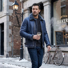 Men’s Real Sheepskin Shearling Leather Jacket – Aviator Style with genuine (Aviator-Blue)