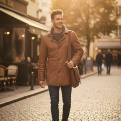 Men’s Real Sheepskin Shearling Leather Trench Coat – Premium Genuine Fur Lined Outerwear (Mark-G))