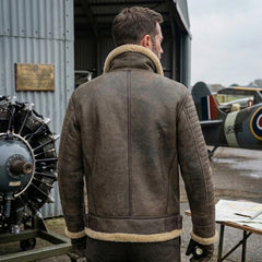 Mens B3 Bomber Aviator Flight Pilot RAF Shearling Sheepskin Distressed Leather Jacket (Crack Brown)