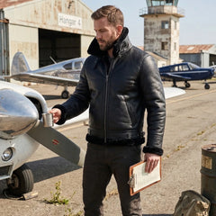Men's B3 Bomber Aviator Flight Pilot RAF Fur Shearling Sheepskin Leather Jacket (Aviator-BC)