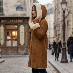 Women’s Genuine Sheepskin Shearling Leather Long Coat with Hood – Luxury Winter Outerwear (Kathy-Gold)