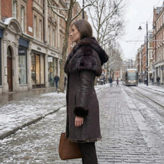 Women’s Genuine Sheepskin Shearling Leather Long Coat with Hood – Luxury Winter Outerwear (Kathy-Brown)