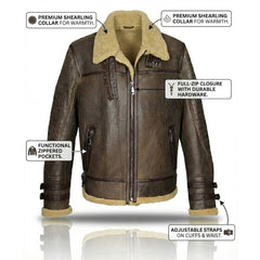 Mens B3 Bomber Aviator Flight Pilot RAF Fur Shearling Sheepskin Distressed Leather Jacket (Crack Brown)