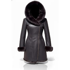 Women’s Genuine Sheepskin Shearling Fur Long Coat with Hood – Luxury Winter Outerwear (Kathy-Brown)