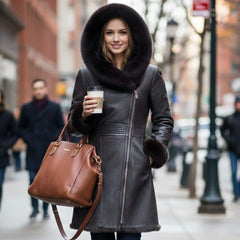 Women’s Genuine Sheepskin Shearling Fur Long Coat with Hood – Luxury Winter Outerwear (Kathy-Brown)