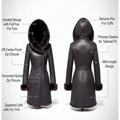 Women’s Genuine Sheepskin Shearling Fur Long Coat with Hood – Luxury Winter Outerwear (Kathy-Brown)