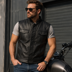 Men’s Black Leather Motorcycle Concealed Carry Vest (Style 1)