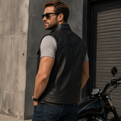 Men’s Black Leather Motorcycle Concealed Carry Vest (Style 1)