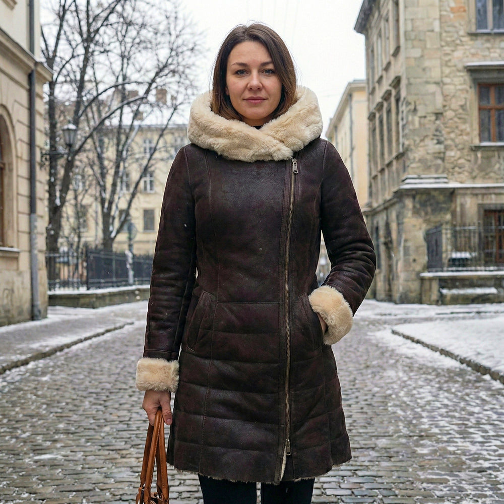 Full-length front view of a model wearing a luxury women's long brown leather jacket with a premium oversized cream shearling fur hood in a snowy urban street setting