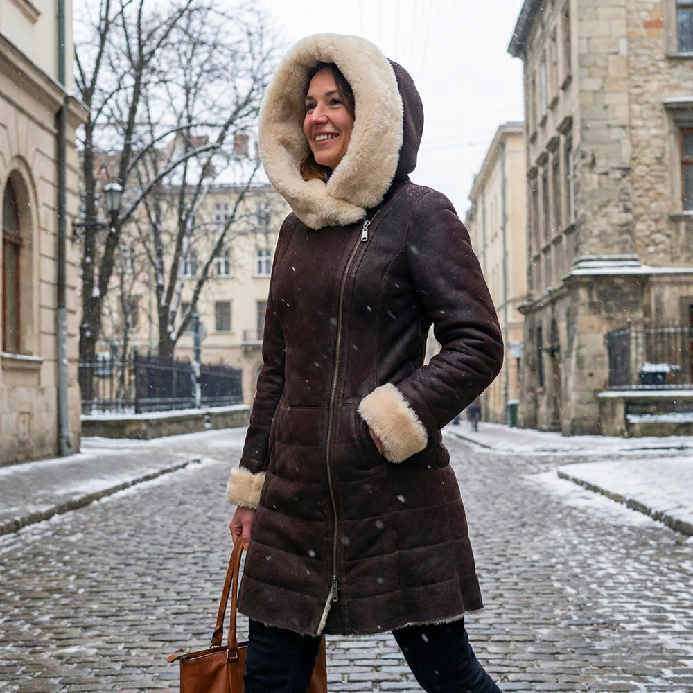 Full-length side view of a model wearing a luxury women's long brown leather jacket with a premium oversized cream shearling fur hood in a snowy urban street setting