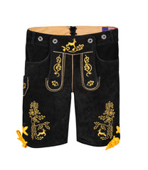 Black & Yellow Traditional Bavarian Cowhide Suede Lederhosen Shorts for Oktoberfest, Christmas & Carnivals