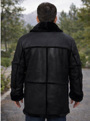 Men’s Authentic Sheepskin Shearling Real Fur Winter Long Coat – Black Leather Shearling Jacket (Marlboro-B)