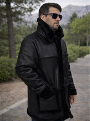 Men’s Authentic Sheepskin Shearling Real Fur Winter Long Coat – Black Leather Shearling Jacket (Marlboro-B)