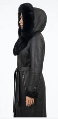 Women’s Sheepskin Shearling Leather Long Coat with Fox Fur (Molly Black)