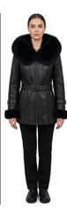 Ladies’ Shearling Leather Coat with Detachable Hood Fox Fur Collar (Cynthia Black)