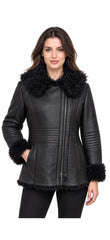 Women's Genuine Sheepskin Shearling Leather Coat with detachable Hood – Luxury Winter Outerwear (Tigra Black)