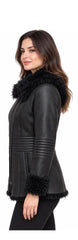 Women's Genuine Sheepskin Shearling Leather Coat with detachable Hood – Luxury Winter Outerwear (Tigra Black)