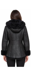 Women's Genuine Sheepskin Shearling Leather Coat with detachable Hood – Luxury Winter Outerwear (Tigra Black)
