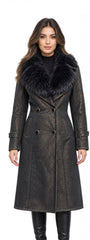 Women’s Sheepskin Shearling Leather Long Coat with Fox Fur  – (Spanish Enterfino Print)