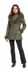 Women's Genuine Sheepskin Shearling Leather Coat with detachable Hood – Luxury Winter Outerwear (Saba Green)