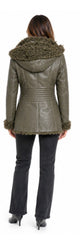 Women's Genuine Sheepskin Shearling Leather Coat with detachable Hood – Luxury Winter Outerwear (Saba Green)