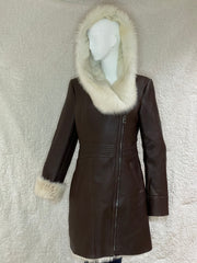 Women’s Kathy Dark Brown Genuine Sheepskin Shearling Leather Long Coat with Hood – Luxury Winter Outerwear