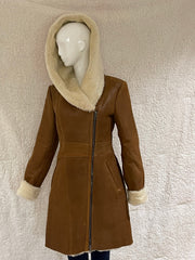 Women’s Genuine Sheepskin Shearling Leather Long Coat with Hood – Luxury Winter Outerwear (Kathy-Gold)