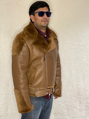 Men’s Real Sheepskin Shearling Fur Leather Jacket – Aviator Style with genuine Fur Detachable Hood and Belt (Aviator-B6)