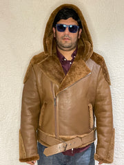 Men’s Real Sheepskin Shearling Fur Leather Jacket – Aviator Style with genuine Fur Detachable Hood and Belt (Aviator-B6)