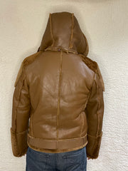 Men’s Real Sheepskin Shearling Fur Leather Jacket – Aviator Style with genuine Fur Detachable Hood and Belt (Aviator-B6)