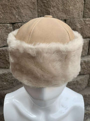 Authentic Unisex Real Sheepskin Shearling Leather Beanie Hat with Fur – Warm Winter Aviator Ushanka hat (Beanie-Tan)
