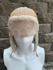 Authentic Unisex Real Sheepskin Shearling Leather Trapper Hat with Fur – Warm Winter Aviator Ushanka hat (Shanka-Tan)