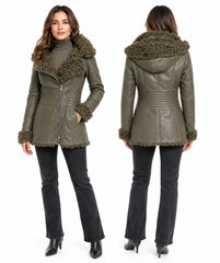 Women's Genuine Sheepskin Shearling Leather Coat with detachable Hood – Luxury Winter Outerwear (Saba Green)