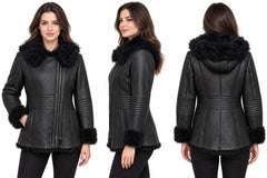 Women's Genuine Sheepskin Shearling Leather Coat with detachable Hood – Luxury Winter Outerwear (Tigra Black)